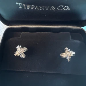Tiffany & Co Signature Cross Diamond & 18ct White Gold Earrings - T&Co Suede Box - Picture 1 of 17