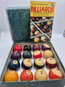 VINTAGE ARAMITH POOL BALLS SET W/BILLIARDS BOOK MADE IN BELGIUM B6 - Foto 1 di 8
