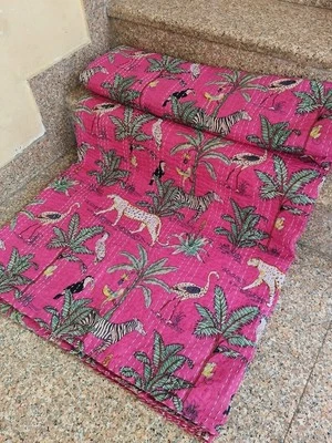 Pink Handmade Jungle printed cotton Kantha quilt bedspread blanket boho gudari - Image 1 of 4