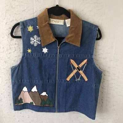 Chaleco Rhythm Blues Mujer Medio Azul Denim Cremallera Esquí Bordado Imitación Gamuza Cuello Foto 1 de 4