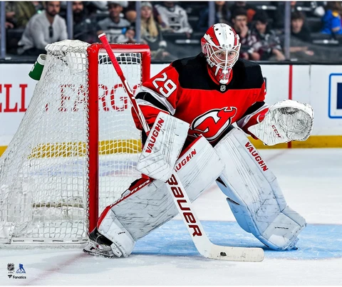 MacKenzie Blackwood New Jersey Devils Unsigned Red Jersey In Net Photograph Cover