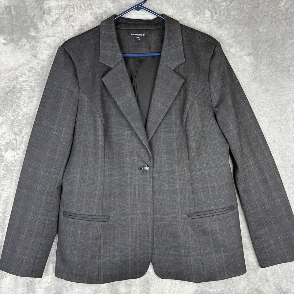 41 Hawthorn Blazer Womens XXL Gray Blue Plaid One Button Back Vent Long Sleeve - Image 1 of 4