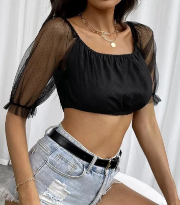 Women's Sexy Black Sheer Mesh Puff Sleeve Crop Top Bustier Bralette Cami Size XS - Image 1 of 4