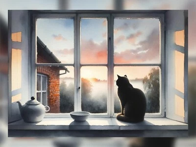 Cat's Dawn Reverie: Tranquil Morning Watercolor Print 5" x 7" Foto 1 de 4