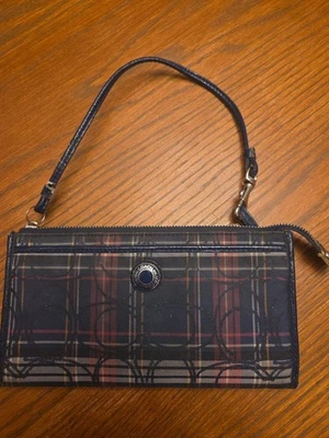 Coach Tartan Plaid Canvas Patent Leather Blue Zip Top Wallet Wristlet Sig Cs - Image 1 of 4