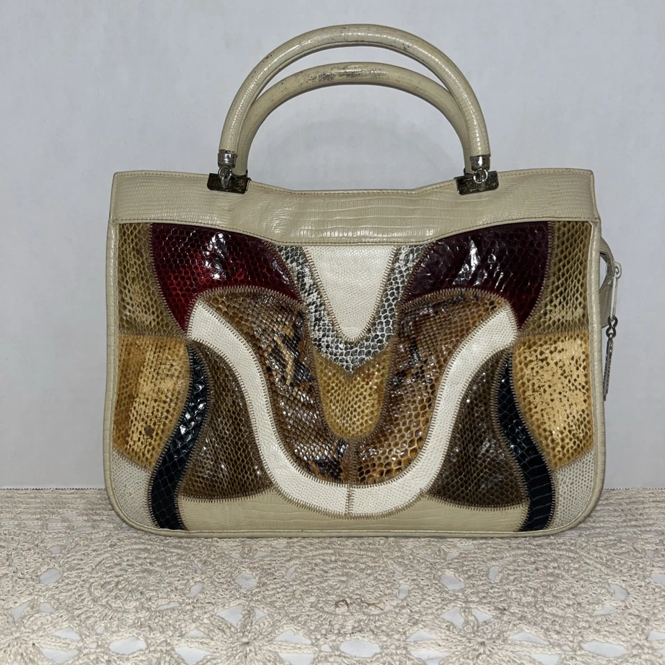 Cartera/bolso de mano de piel de serpiente exótica natural beige original de Caprice Patchwork Foto 1 de 4