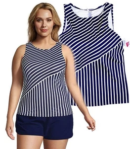 LANDS' END Womens sz 18 Deep Sea Navy Stripe HIGH NECK TANKINI TOP upf 50+ Nwt - Picture 1 of 3
