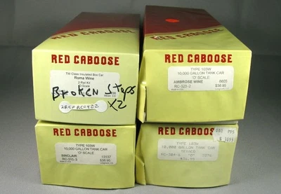 Red Caboose, Four(4)  O-Scale 2-Rail Kits, 1 Reefer & 3 Tank Cars, + Trucks - Image 1 of 4