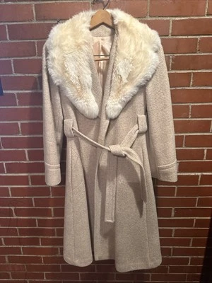 Vintage Wool Long Belted Shearling Fur Collar Women's Coat Sz S - Image 1 of 4