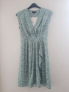 GREAT PLAINS LONDON GREEN WHITE ABSTRACT FRILL V NECK TEA DRESS 8 10 Small