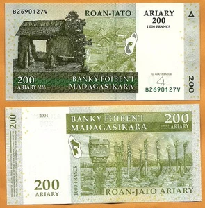 MADAGASCAR 2004 UNC 200 Ariary 1000 Francs Banknote Paper Money Bill P-87 - Picture 1 of 1