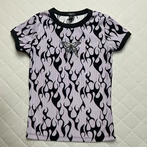 Vintage Rue 21 Shirt Girls Medium 8/10 Ringer Black Flame Butterfly Y2K Purple - Picture 1 of 8