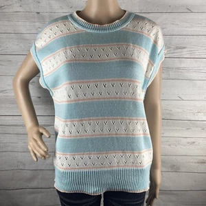 True Vintage Sweater Vest Large XL Pastel Blue Pink White Striped Carriage Court - Picture 1 of 11