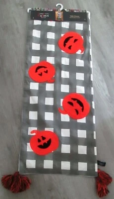NWT! CYNTHIA ROWLEY CURIOUS CHECKER BOARD PUMPKIN TABLE RUNNER 14" X 72" TASSELS - Image 1 of 4
