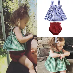 Newborn Kids Baby Girls Clothes Plaid Halter Strap Vest Tops Shorts Outfits Set - Picture 1 of 14