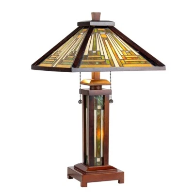 25.6" 3 light Antique Vintage Style Stained Glass Mission Table Lamp - Image 1 of 2