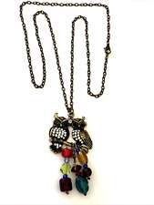 Vintage Owl pendant colorful glass bead rhinestone necklace bronze tone ~ 28”