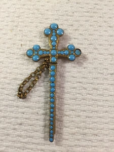 French Vintage Turquoise Cross Stick / Tie / Jabot Pin 'Depose OG' - Picture 1 of 8