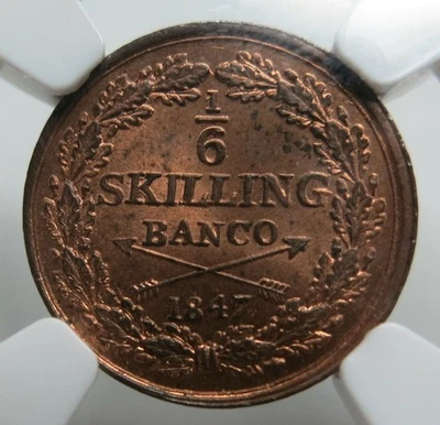 SWEDEN Norway 1/6 skilling 1847 NGC MS 64 RB Mint Red UNC King Oscar Bronze - Image 1 of 4