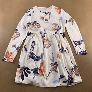 Angashion Women's US 8 White Floral Print Long Sleeve Pleated Mini Dress NWT