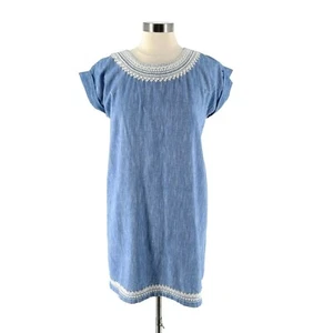 Roller Rabbit 100% Cotton Blue Chambray Embroidered Short Sleeve Shift Dress S - Picture 1 of 9