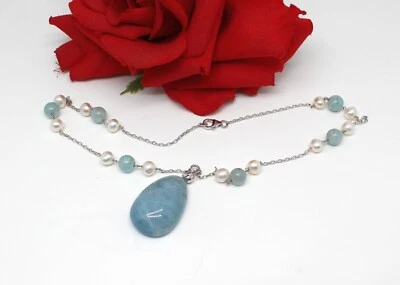 Ожерелье из чистого серебра с аквамарином и культивированным жемчугом 18 дюймов СПАСЕНИЕ КОШЕК - Изображение 1 из 2