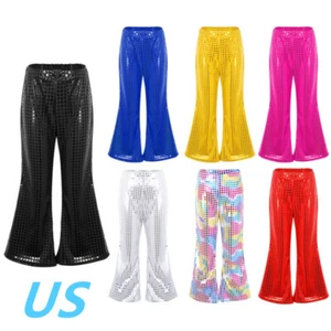 Kids Girls Boys Sparkly Bell-Bottom Pants Jazz Hip-hop Dance Flare Trousers - Picture 1 of 51
