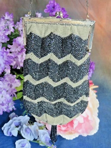 Antica borsa Art Decò Flapper cornice argento cerniera ecrù nera con perline borsetta 9" - Foto 1 di 9