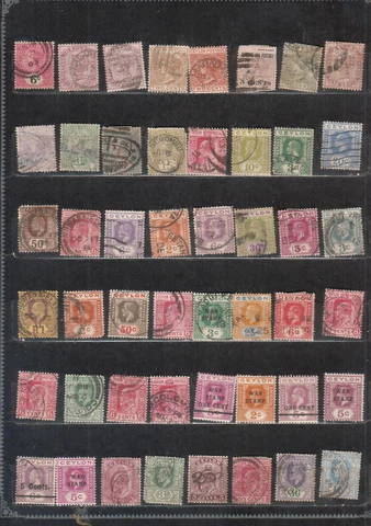Ceylon lot of 48 used & MH stamps Queen Victoria onwards cancels dates war stamp Cover
