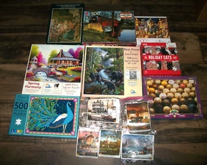 USED LOT OF 13 JIGSAW PUZZLES 500 300 & 100 PIECES CABIN BEARS PEACOCK CATS - Picture 1 of 14