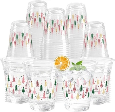 100 件圣诞树塑料杯 12 盎司圣诞透明一次性塑料  — 第 1/4 张图片