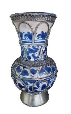 Jarrón antiguo marroquí de 8" filigrana plateada azul y blanco Foto 1 de 4