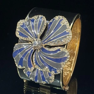 J Crew Cuff Bracelet Statement Bangle Crystal Cabachon Gold Plate Floral Enamel - Picture 1 of 7