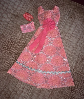 Vintage Barbie Clone HTF SHILLMAN CORAL SILVER EVENING DRESS PURSE & CORAL SHOES - Image 1 of 4