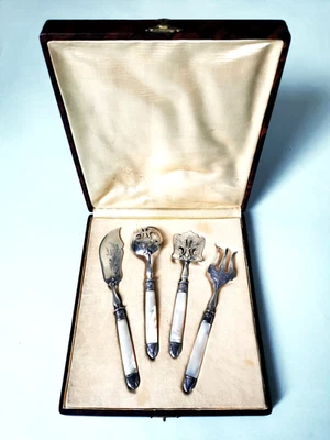 VTG SERVING SILVER & MOTHER OF PEARL CUTLERY HORS D'OEUVRES MIGNARDISES BOX SET - Image 1 of 4