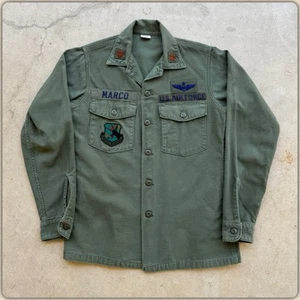 1960s Vintage US Army OG-107 Sateen 15 1/2 x 35 Cotton Utility Shirt 60s SAC Patch - Bild 1 von 17