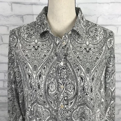 Рубашка Talbots на пуговицах устойчивая к морщинам размер 14 миниатюрная черно-белая с узором пейсли - Изображение 1 из 4