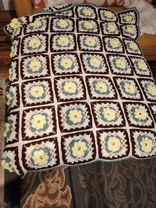 Blanket, Crochet Granny Sq, 3D Yellow Flowers, 40 X 45, Brown, Green, Cream - Picture 1 of 6