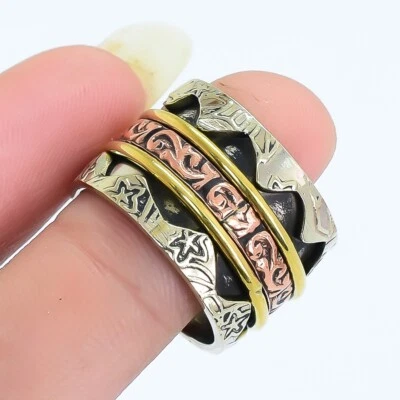 Anillo de latón triple tono étnico hecho a mano giratorio de diseñador multi tamaño RRJR3407 Foto 1 de 4