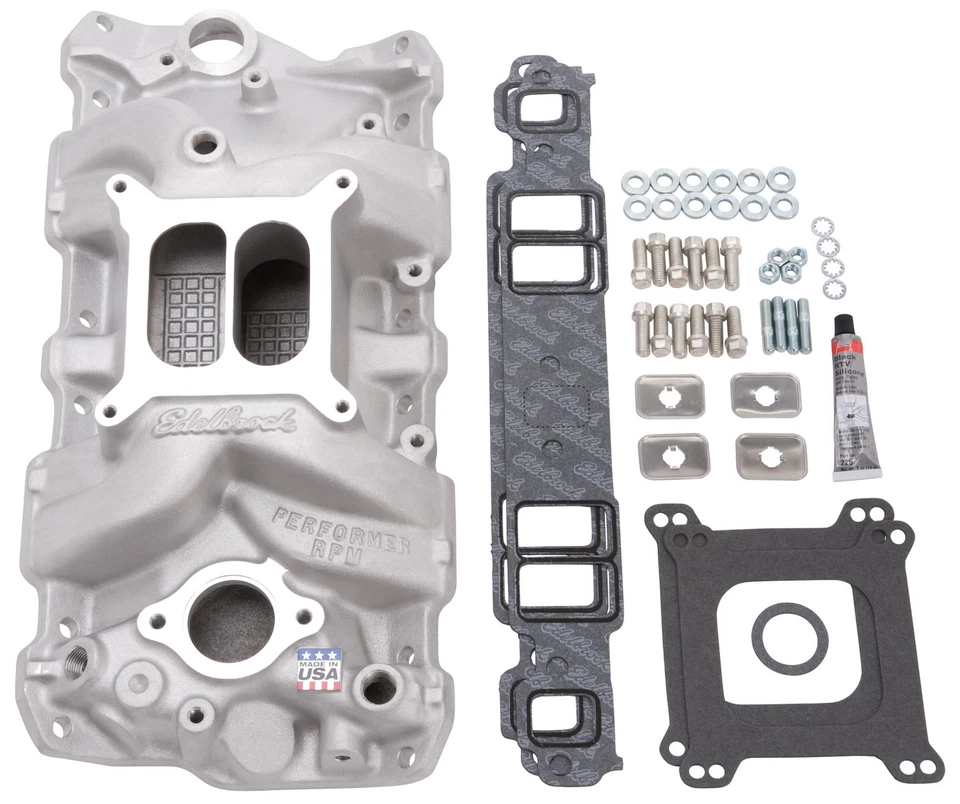 EDELBROCK SBC PERFORMER RPM INTAKE MANIFOLD INSTALL KIT,GASKETS,BOLTS,STUD,CHEVY - Image 1 of 1