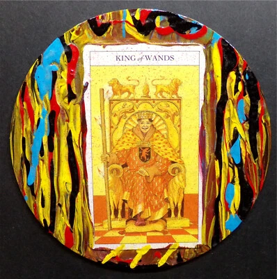 KING OF WANDS Tarot Card Collage & Painting On 6" Vintage Vinyl Original Art 1/1 - Image 1 of 4