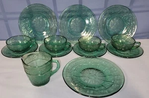 JEANETTE GLASS CO. DORIC & PANSY ULTRAMARINE TEAL CHILD TOY TEA SET CUPS PLATES - Picture 1 of 13