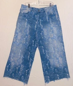 New Forever 21 Sz 31 Baggy Wide Leg Geometric Design Distressed Jeans Raw Hem - Picture 1 of 12
