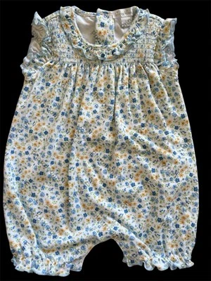 Kissy Kissy 2022 Blue/Yellow Floral Print Shirred Pima Cotton Knit Romper-3-6Mos - Image 1 of 4