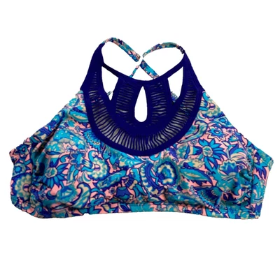 Xhilaration Womens Crochet-Front Bikini Top Size D/DD Blue Paisley Print NWT - Image 1 of 4