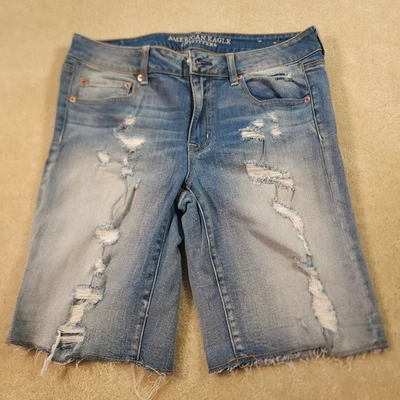 Pantalones Cortos American Eagle Para Mujer Adolescente Talla 12 Azul Frente Plano Algodón Denim Rasgado Foto 1 de 4