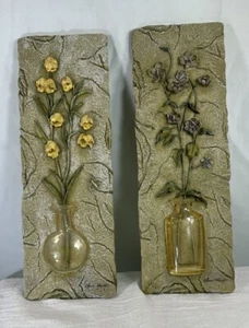 Vintage Set Of Two Cheri Blum 3D Floral Panel Wall Art Signed 9” X 3.25” - Picture 1 of 6