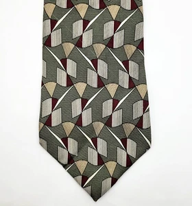 CONTE Di MILANO Colorful Silk Geometric Pattern on Olive Business Necktie - Picture 1 of 10