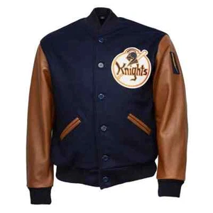 Lettermen Kni-ghts Navy Blue Wool & Brown Leather Sleeves Varsity Jacket For Men - Picture 1 of 6