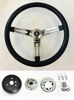 65-69 Ford Mustang Steering Wheel Black on Chrome 13 1/2" Mustang Center Cap - Bild 1 von 4